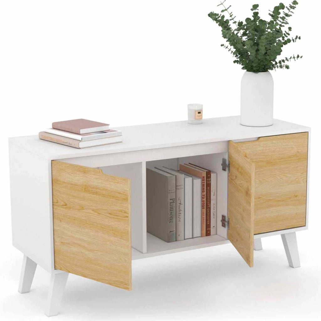 IDMarket - Credenza bassa scandinava 113 cm FINN bianco 3 ante effetto faggio