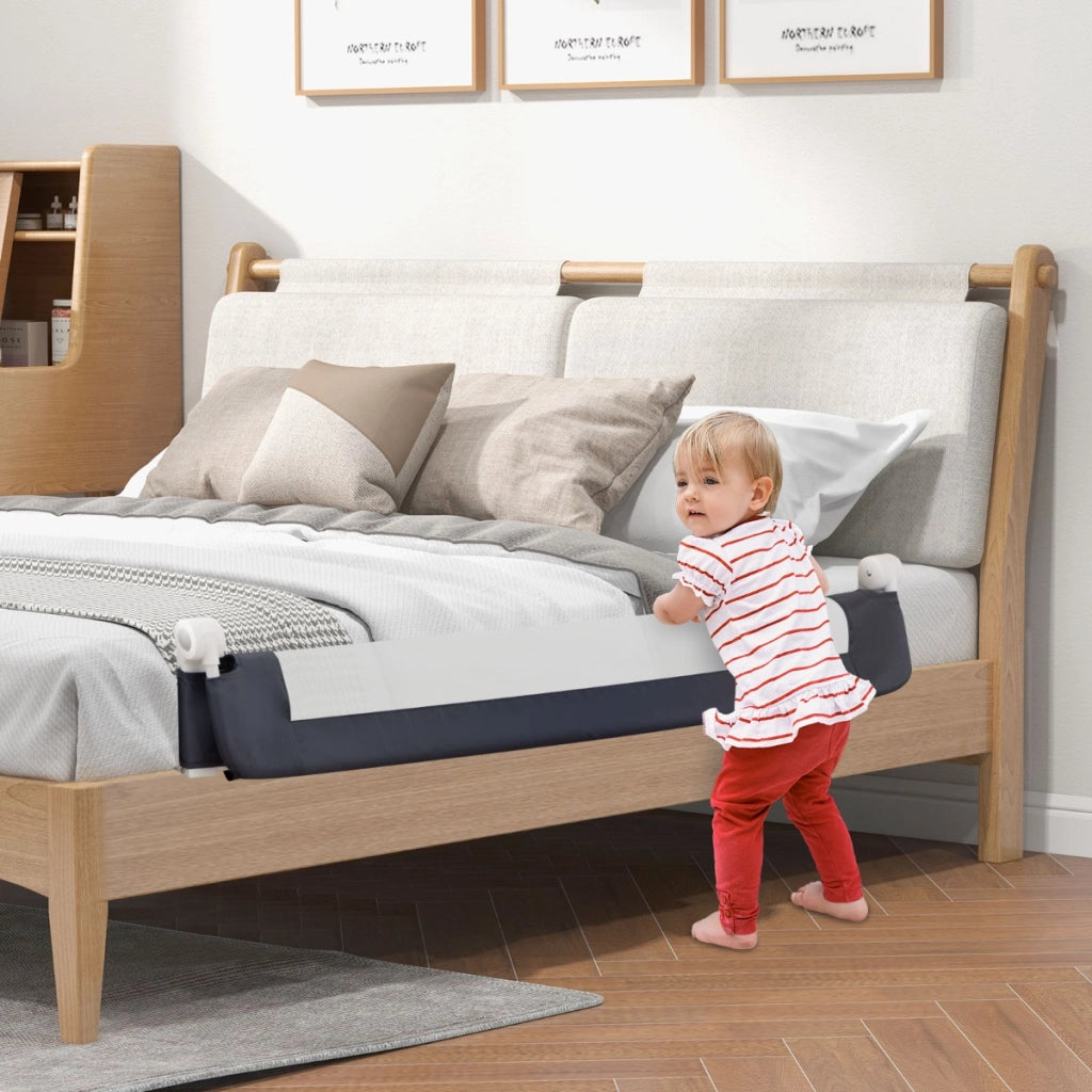 Sponda per letto per bambini con design pieghevole cinghie, Sponda di sicurezza a molle per letto Grigio scuro