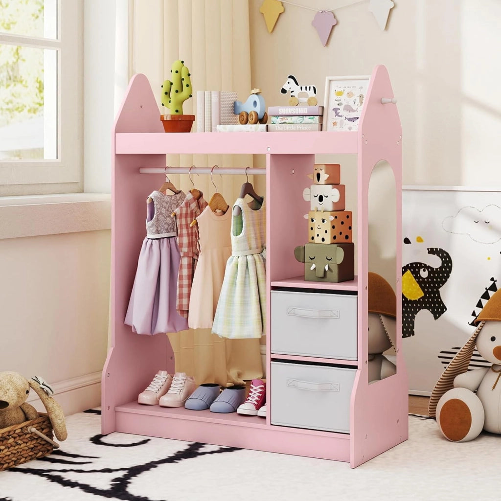 Guardaroba per Bambini, Armadio Gioco con Specchio Appendiabiti, Cassette in Tessuto Pieghevoli, Organizer per Stanza e Camera da Letto, 81 x 38 x 107 cm (Rosa)