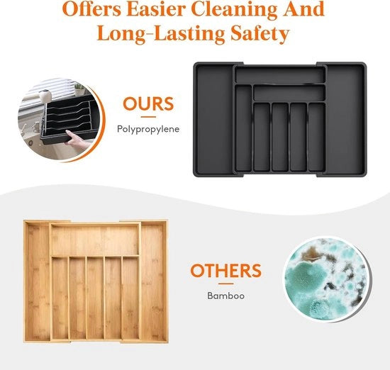 Organizzatore per posate estensibile XL - Cassetto cucina regolabile per conservazione di posate e accessori da cucina - 7 a 9 contenitori - Nero