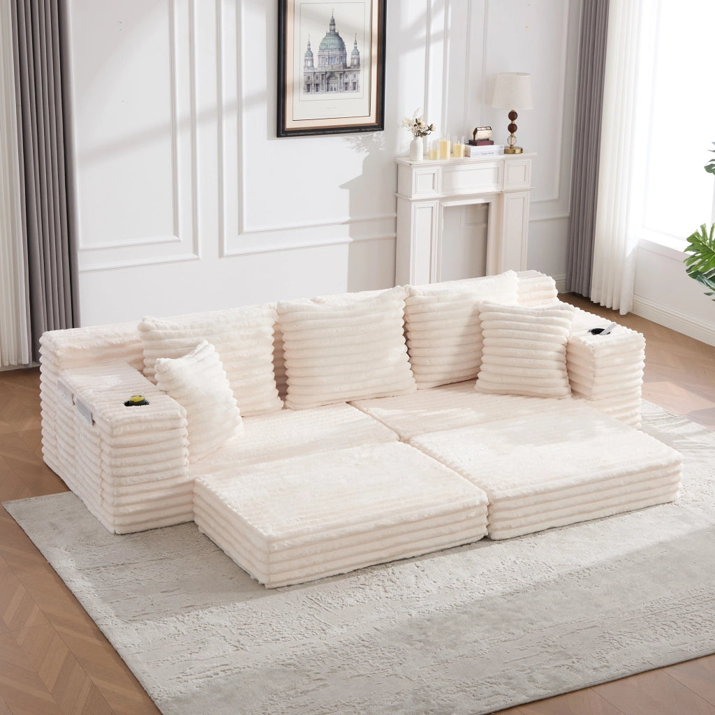 Divano letto con schienale alto tasche laterali e portabicchieri cuscini trasformabile in velluto a coste beige