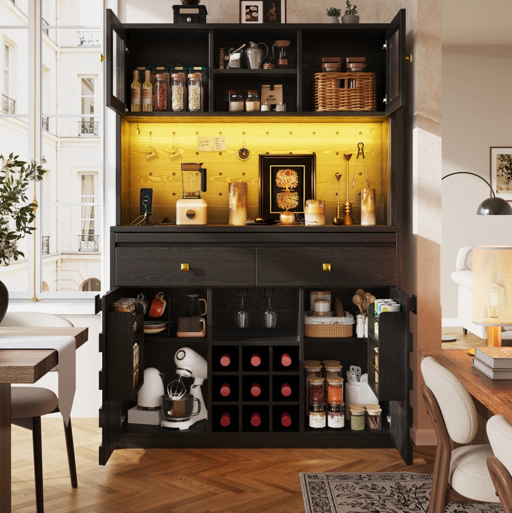 Mobile alto da cucina 120x40x178 cm con LED RGB, prese USB, MDF e acrilico nero