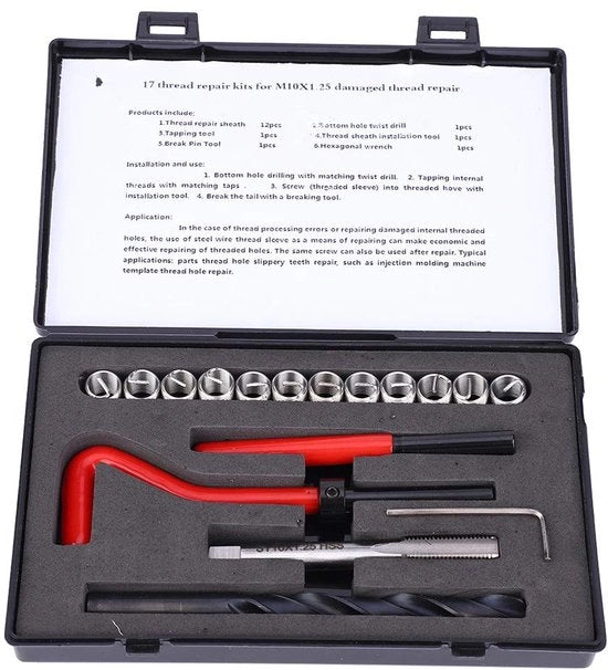 Set di riparazione di viti a dente di sega 17 pezzi - M10x1.25 - Chiave istrice in acciaio inossidabile - Lega di alluminio - Resistente all'usura - Alta precisione - Set di riparazione di viti