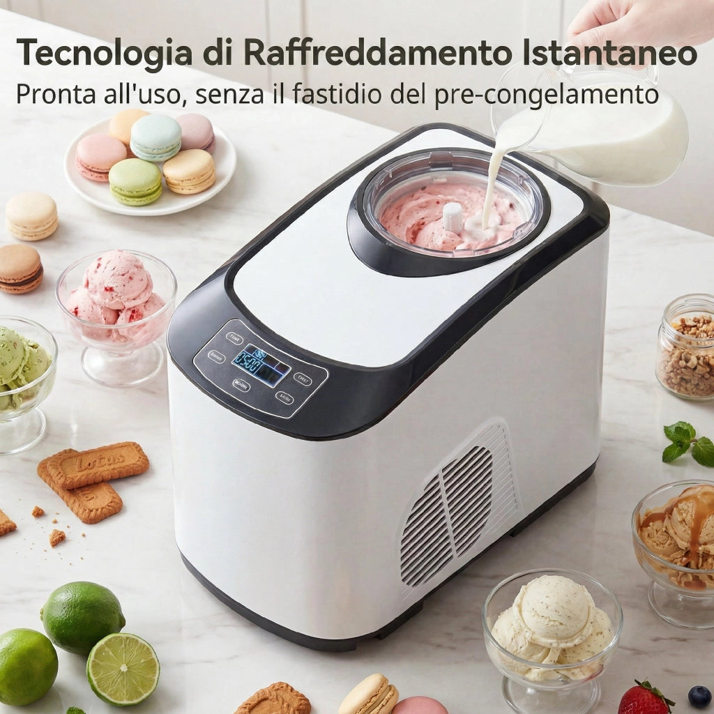 Gelatiera con Compressore Integrato 1.5L, Modalit¨¤ Morbida e Dura, Funzione Auto-Mantenimento al Freddo, Bianca