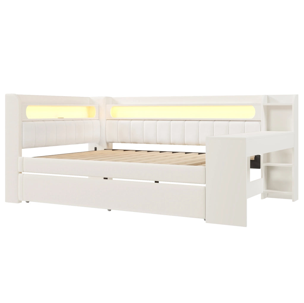 Letto imbottito 140x200 cm con letto estraibile; scrivania e LED in MDF; compensato; bianco