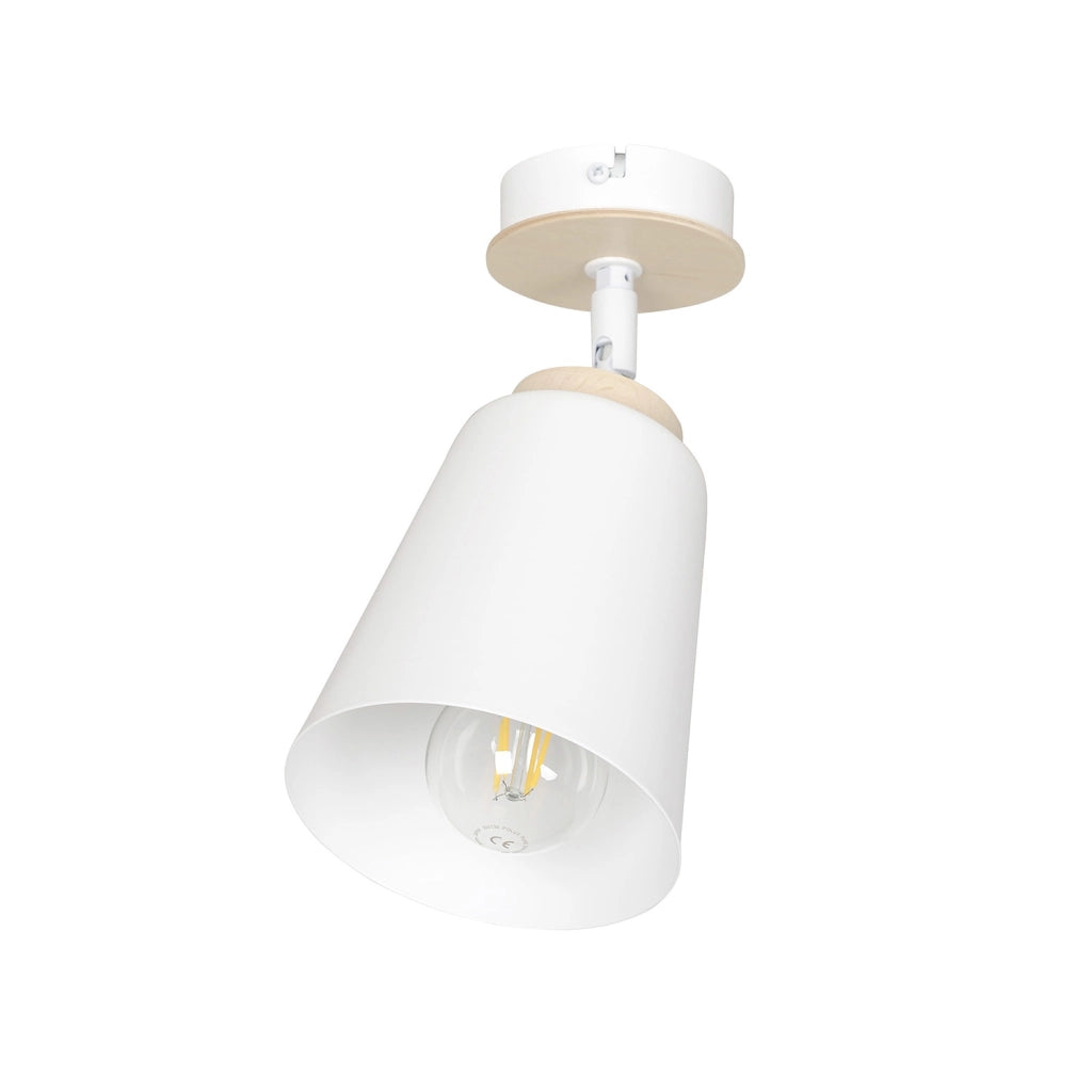 Plafoniera A Faretto Spot 1 Luce In Acciaio Bianco E Legno Naturale