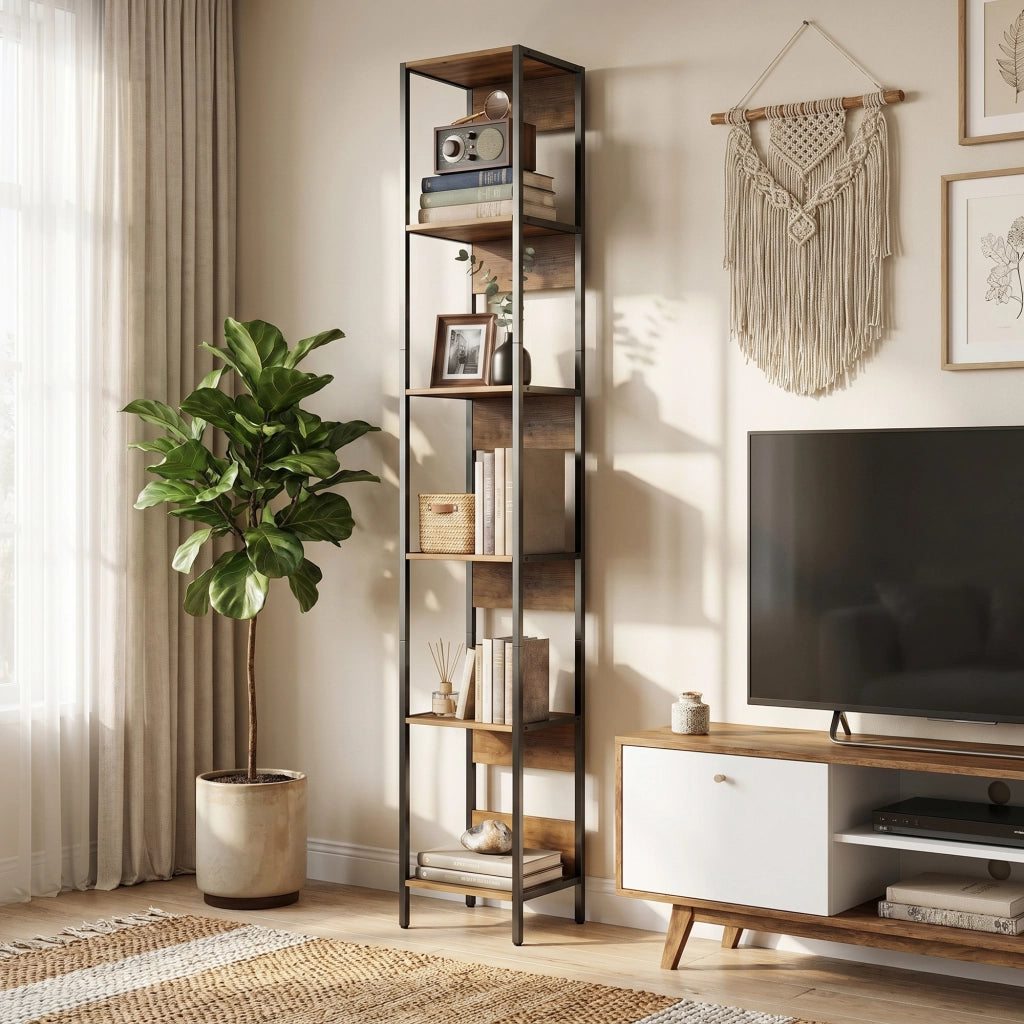 Libreria Verticale Salvaspazio 6 Ripiani 29,5x30x185 cm Marrone e Acciaio Nero