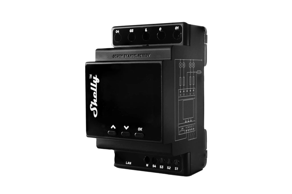 Shelly PRO 4PM. Rel√® WiFi. LAN Bluetooth. 4 Canali. guida DIN. controllo apparecchi ad uso residenziale e commerciale