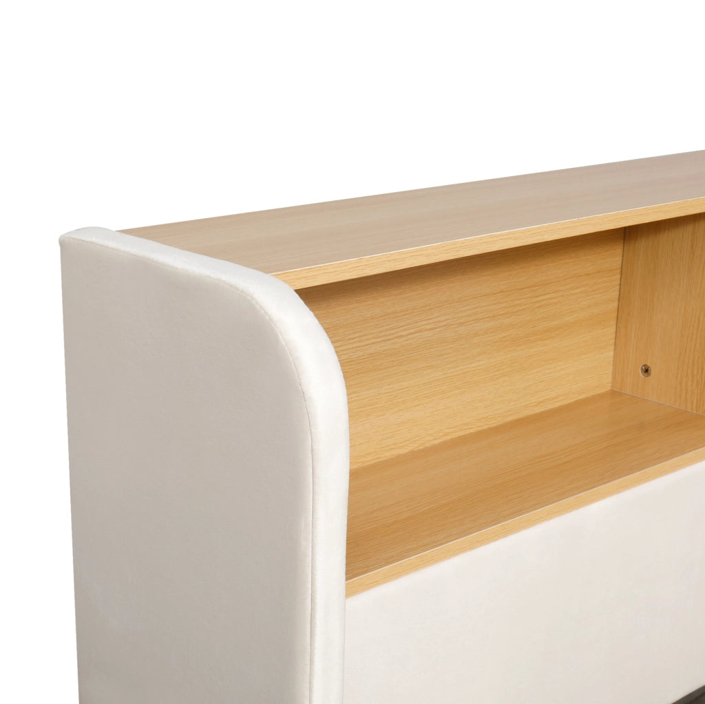 Letto imbottito beige con vano contenitore, LED e ricarica