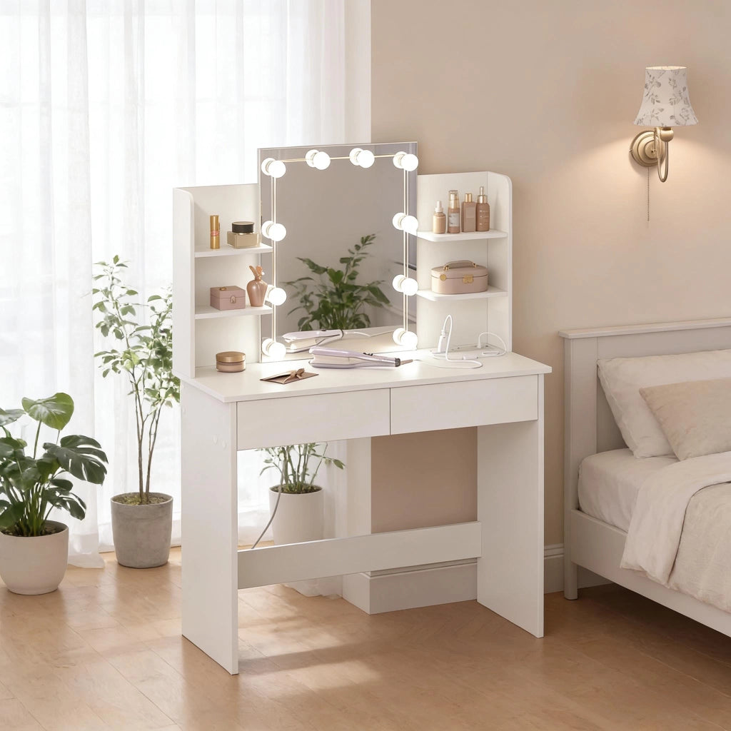 TOELETTA Moderna 90x40 cm Bianca con Specchio e 10 Lampadine