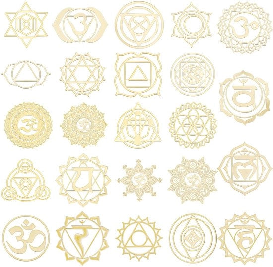 Sticker Chakra 24 pezzi - Tema Energia d'Oro - Materiali in Ottone - Sticker Autoadesivi - Disegni Misti - Disegni a Fiore 35 x 35 mm - Sticker Decorativi