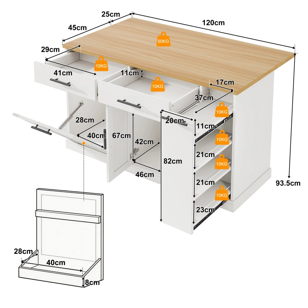 Isola Cucina su Ruote con Piano Ribaltabile e Cassetti ¨C MINIMAL ¨C 120x45x93 cm