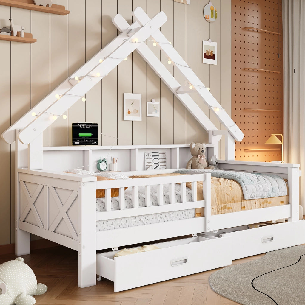 Letto a casetta 90x200 cm con LED; ripiani; 2 cassetti e protezione; bianco