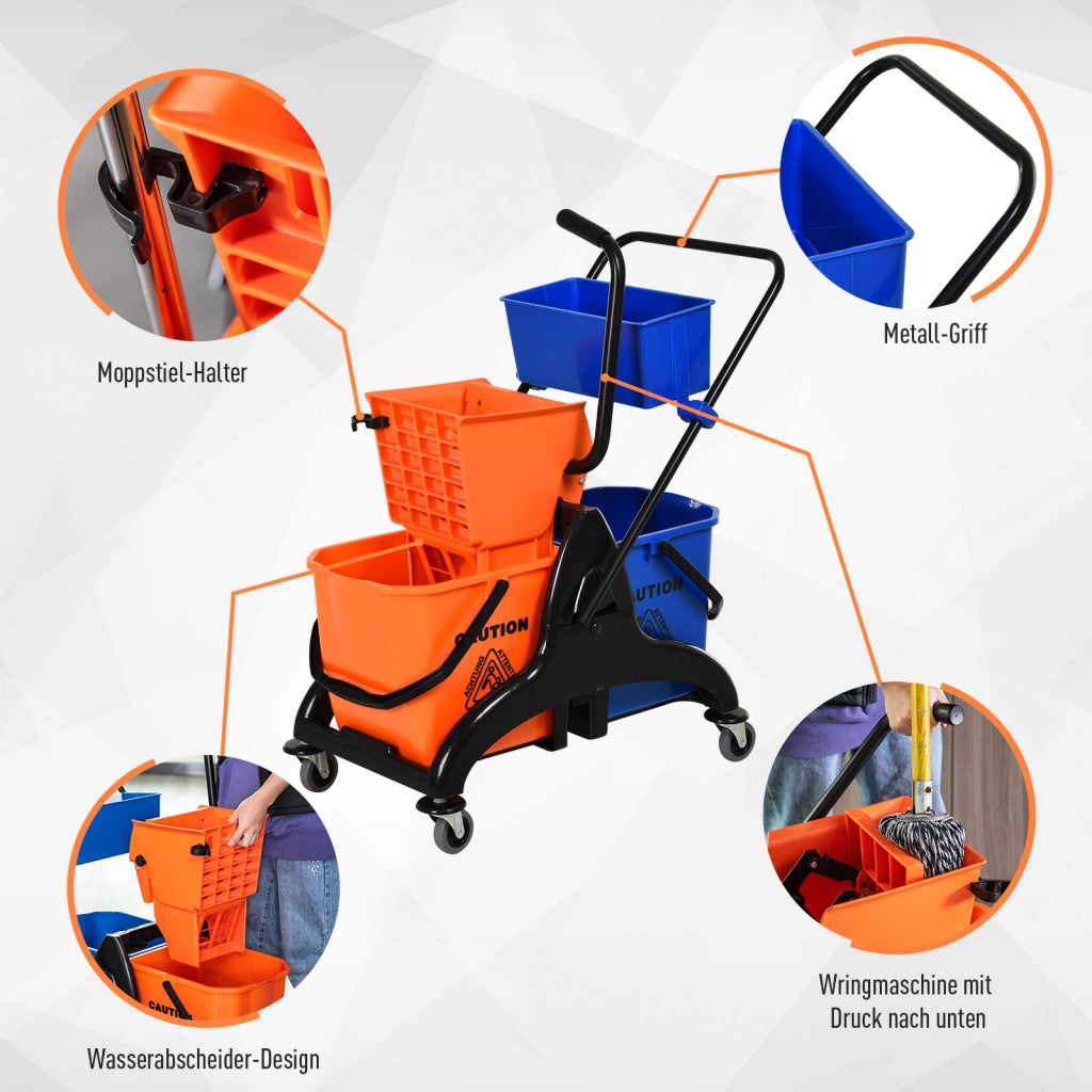 Carrello per la pulizia Carrello professionale per la pulizia con pressa a ganasce 2 secchi + contenitore Arancione Blu