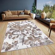 Tappeto da Salotto a Fiori - Tappeto da Salotto Corto con Disegno a Fiori, Lavorato a Fili per Camera da Letto, Sala da Pranzo, Salotto, Hall, Cucina - Bianco Grigio Marrone, 67 x 120 cm