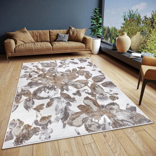 Tappeto da Salotto a Fiori - Tappeto da Salotto Corto con Disegno a Fiori, Lavorato a Fili per Camera da Letto, Sala da Pranzo, Salotto, Hall, Cucina - Bianco Grigio Marrone, 67 x 120 cm