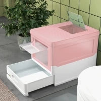 Lettiera per Gatti Chiusa in PP a 2 Porte con Paletta e Vassoio Estraibile, 47.5x35.5x36.7 cm, Rosa e Bianco