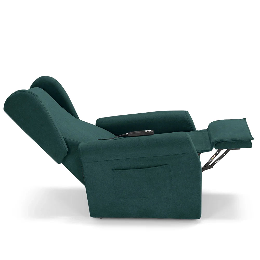 Poltrona relax elettrica PISA MADE IN ITALY per anziani e disabili, 2 motori, 4 ruote, reclinazione e alzapersona, Tessuto Antimacchia, colore Petrolio