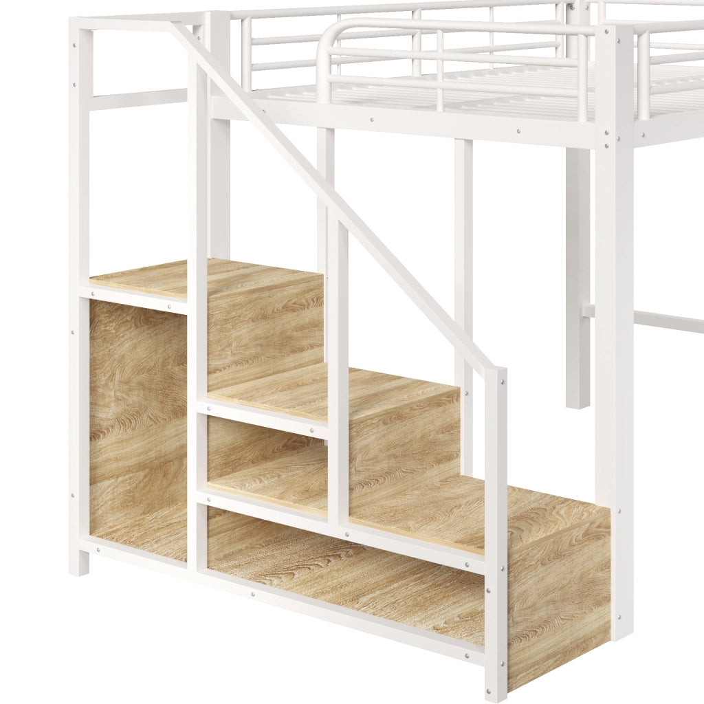 Letto a soppalco 140x200 cm in metallo e MDF; con cassetti; armadio e scala; bianco