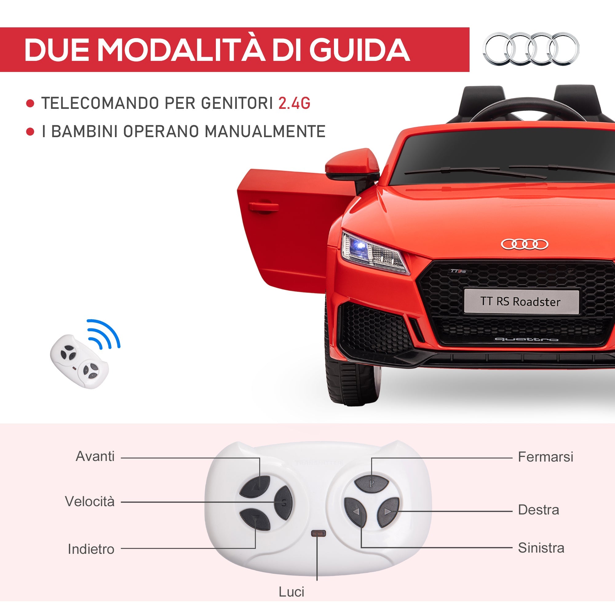 Macchina Elettrica per Bambini Licenza Audi TT con Telecomando e Fari LED Rosso