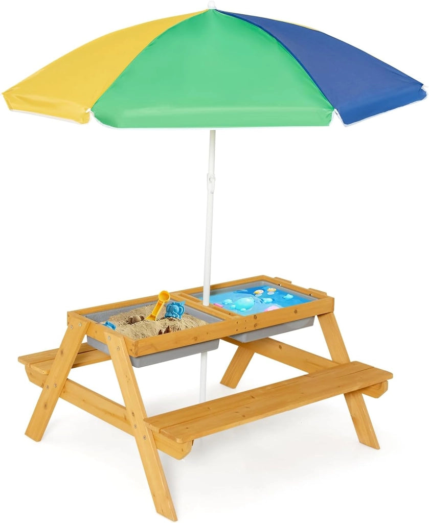 3-in-1 Set Tavolo Picnic per Bambini, con Ombrellone Regolabile e 2 Vaschette da Gioco, Panche per Bambini in Legno di Abete, Giochi Esterno da Giardino e Parco, 187 cm (Verde + Giallo)