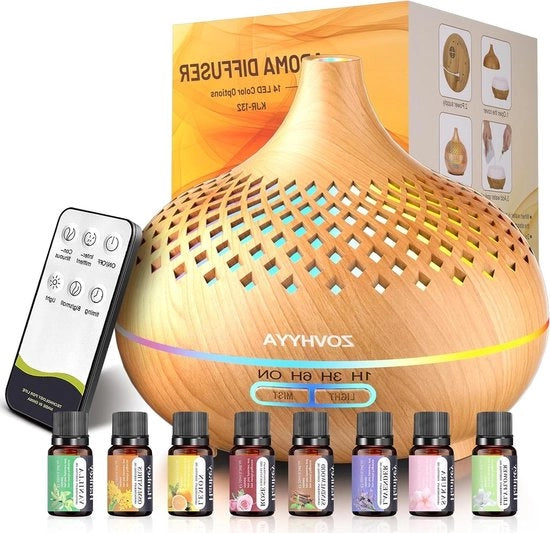 Diffusore di Aromi 500 ml con Comando a Distanza e Timer - Umidificatore con 14 LED - Spegnimento Automatico - Per Soggiorno Camera da Letto Yoga