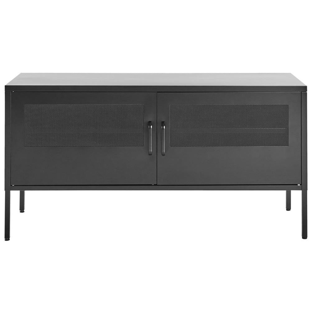 Credenza in metallo nero 118 x 40 cm 2 ante in rete ripiani gambe gestione cavi mobile tv industriale soggiorno