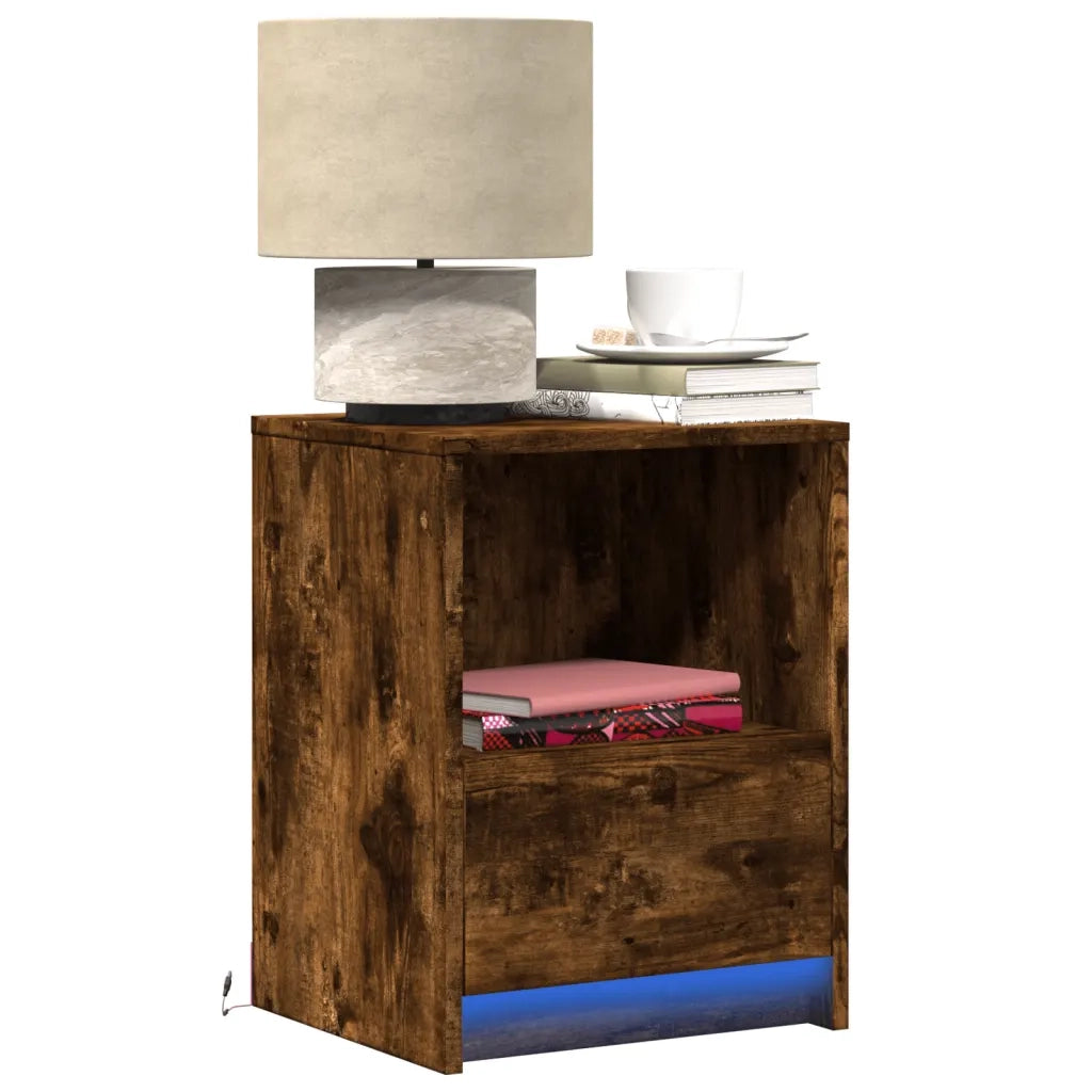 Comodino con Luci LED-Tavolino da notte Rovere Fumo in Legno Multistrato 255072