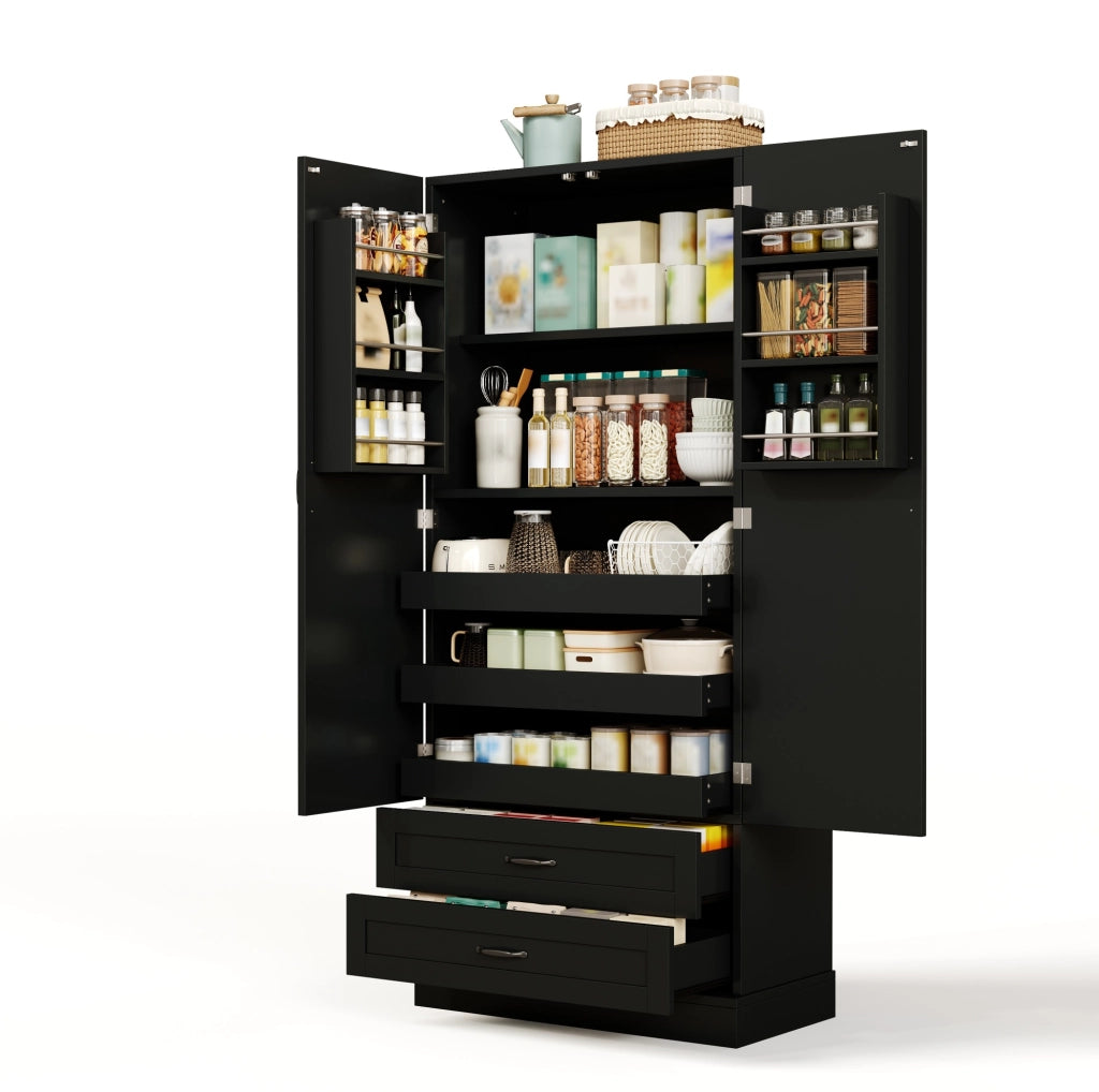 Mobile dispensa alto con 3 ripiani estraibili; 2 cassetti e ante; 180x80x37;5 cm; MDF nero