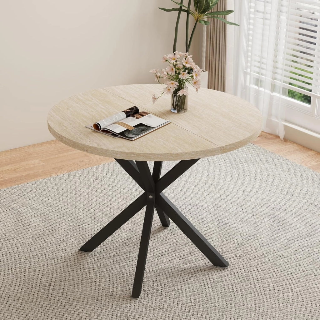 GrandCA HOME Tavolo da Pranzo con 4 Sedie, Tavolo da Pranzo Rotondo da 100 CM, Sedia da Cucina Imbottita Trasparente, Set Tavolo da Pranzo e Sedie (Travertino Giallo + Grigio)