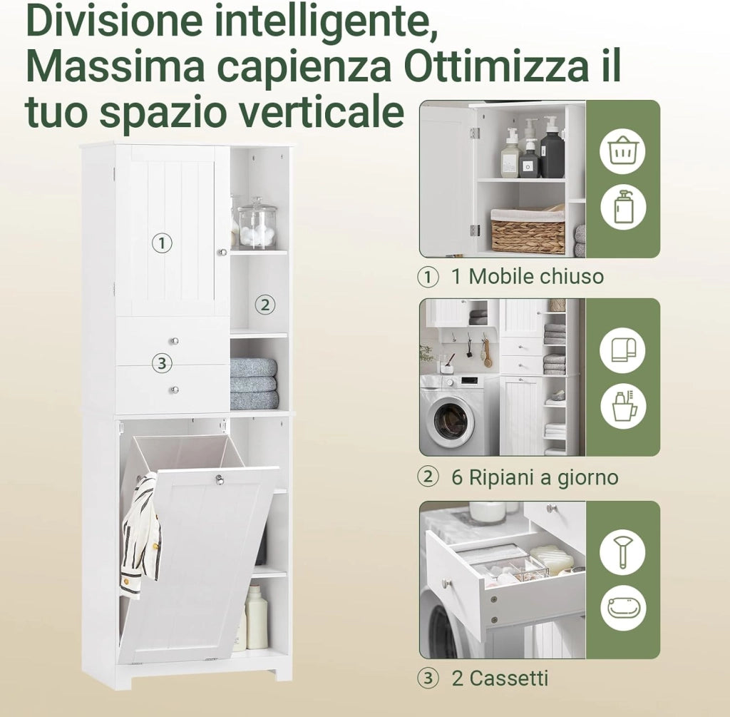Mobile Bagno con Cesto per Linge Mobile Rangemento Alto Armadio Bagno con 6 Ripiani e 2 Cassetti Mobiletto Salvaspazio Bianco 60x37x171 cm BZR104-W