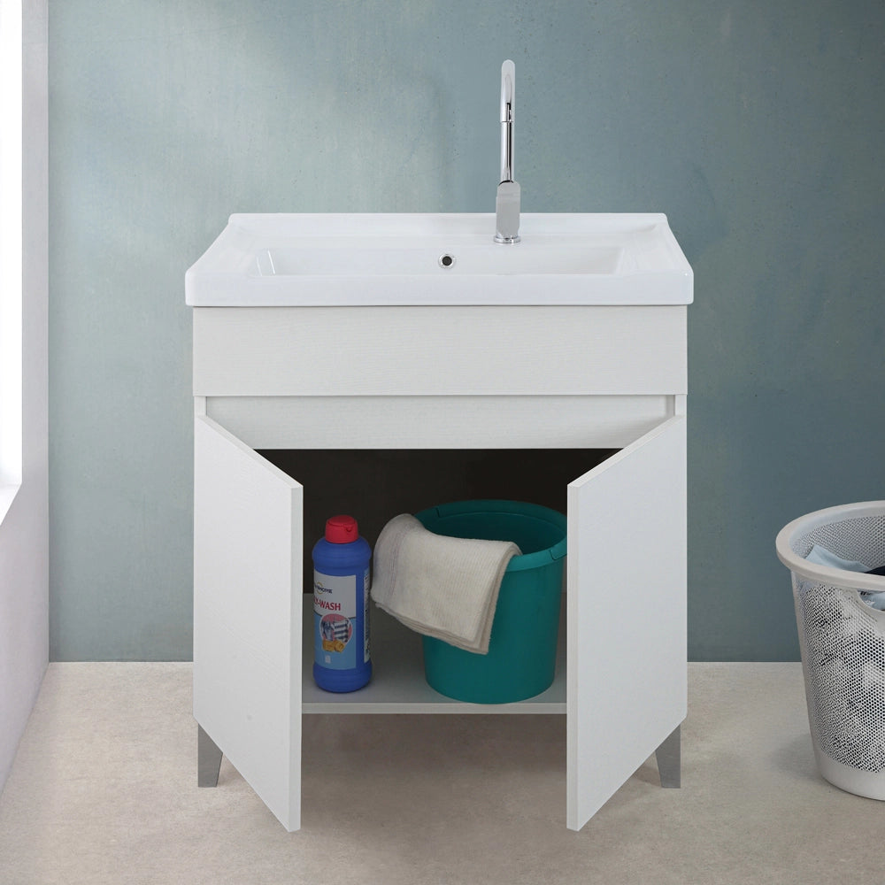 Mobile lavatoio 79x46,8 cm bianco frassinato con vasca in ceramica bianca