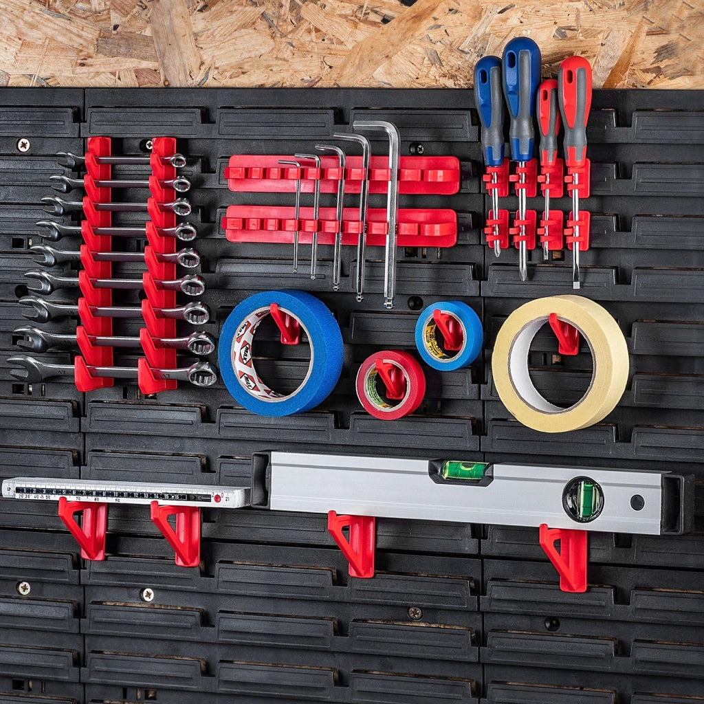 Pannello portautensili KADAX da parete per officina, 232x78 cm, 92 scomparti, 80 supporti, garage.