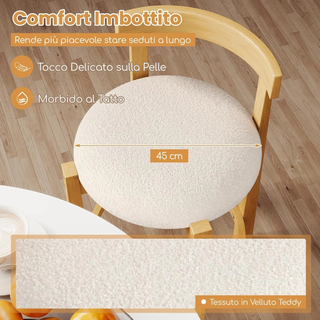 Set da 2 Sedie da Pranzo, Sedie Moderne da Bar Imbottite in Velluto Teddy con Schienali e Poggiapiedi, Sgabelli Senza Braccioli per Isola Cucina e Sala da Pranzo, Portata 150 kg