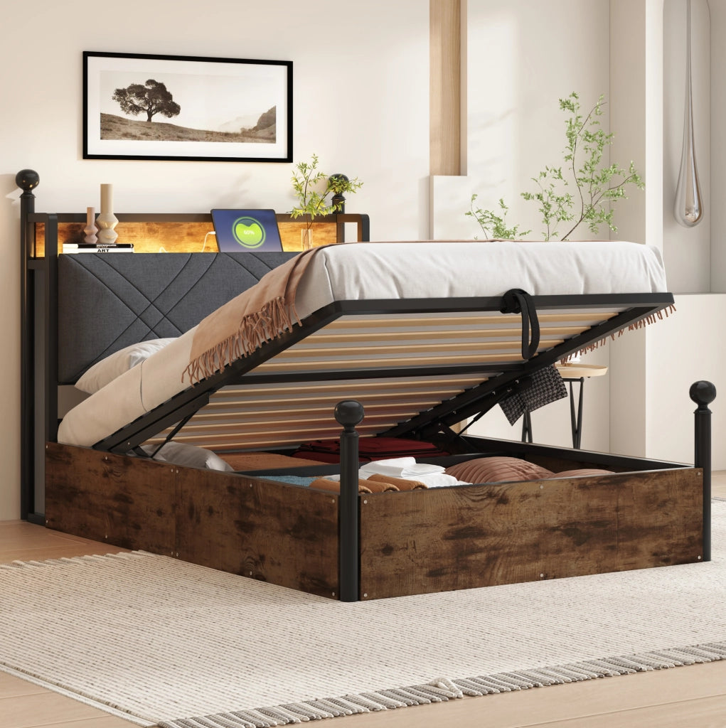 Letto 90x190 cm con contenitore idraulico e LED; metallo nero