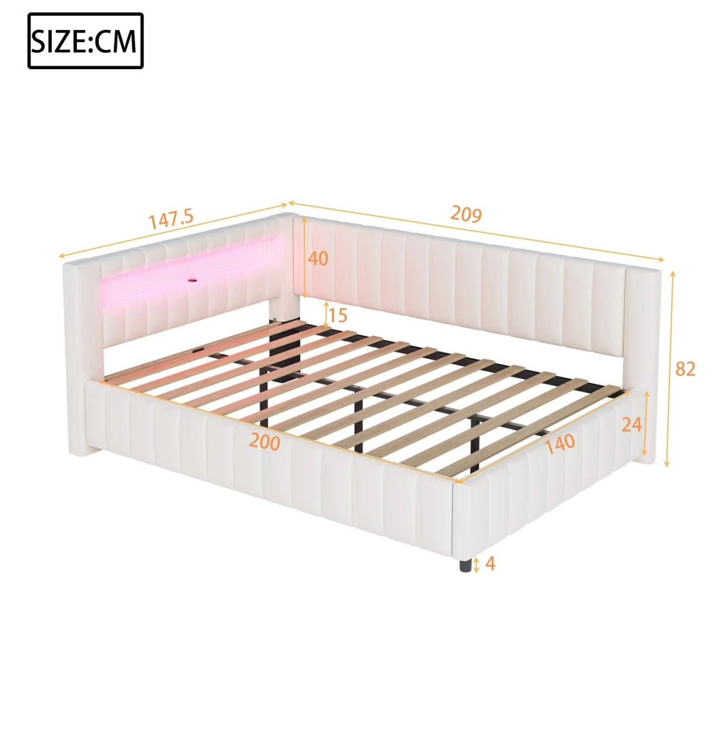 Letto imbottito 140x200 con LED e USB in velluto beige