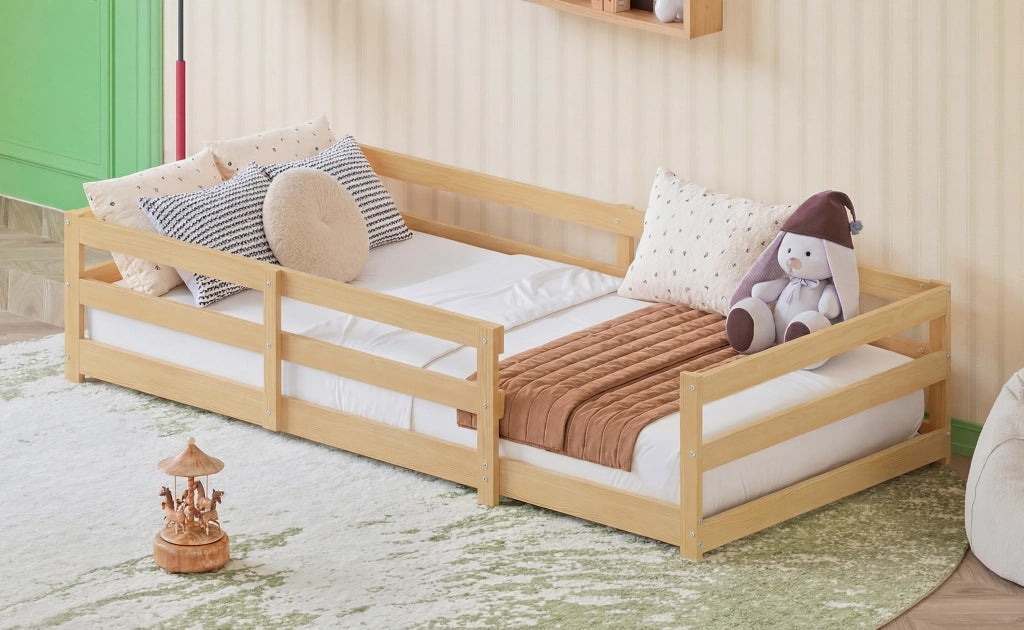 Letto per bambini 90 × 200 cm con barriera di sicurezza a 4 lati, senza materasso, in legno di pino, naturale