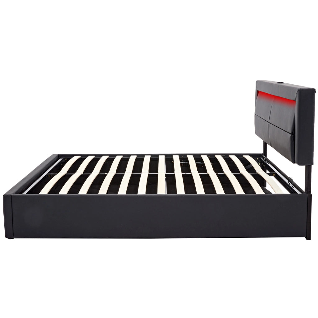 Letto imbottito 140x200 cm con LED, USB e vano contenitore