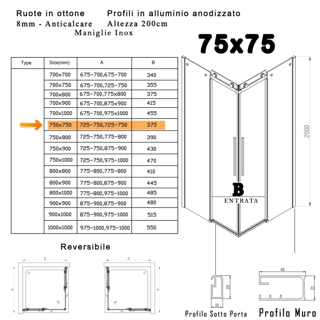 Box doccia due lati anticalcare scorrevole 8mm h200 melissa, misura 75x75