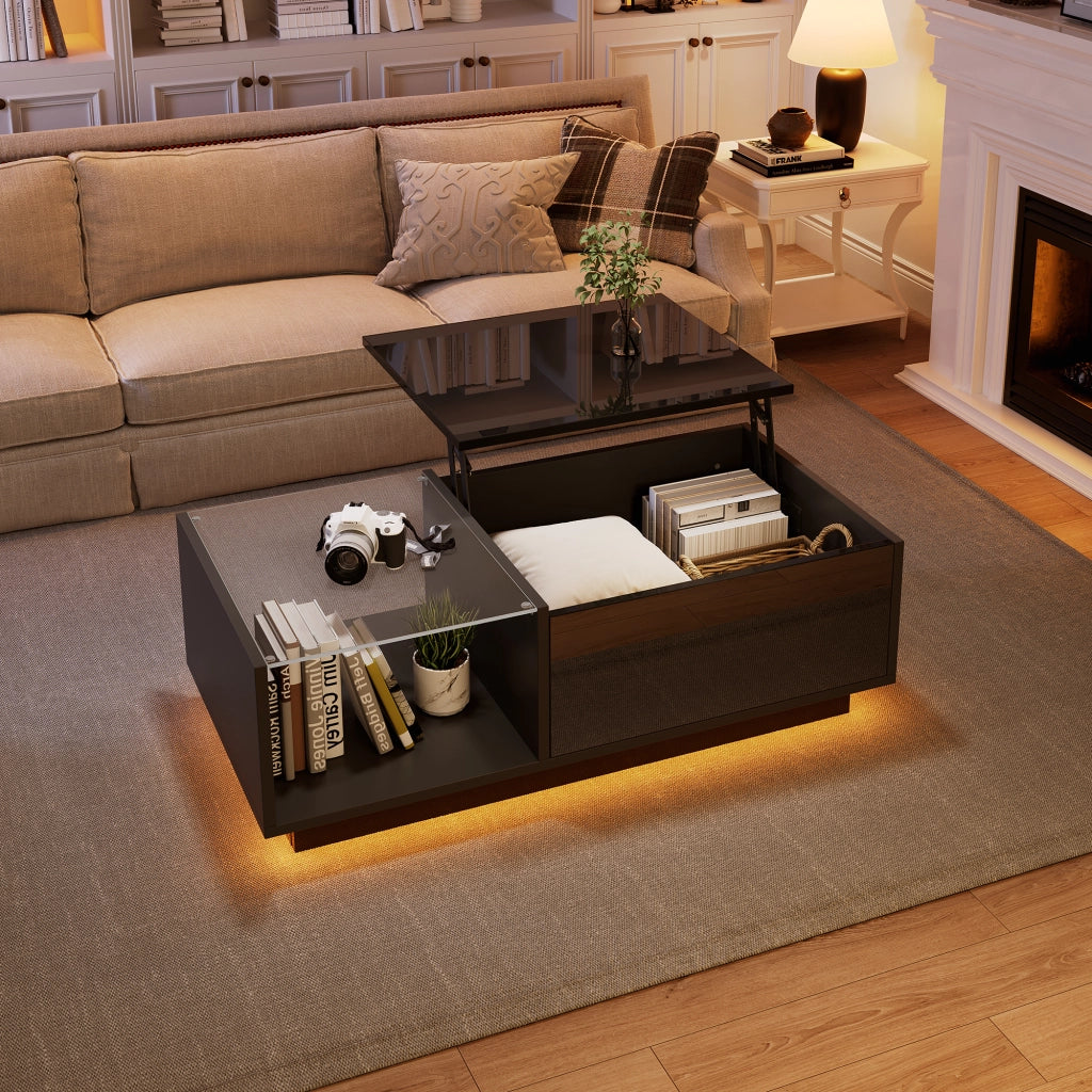 Tavolino basso sollevabile con 2 cassetti e vano nascosto LED finitura lucida moderna in legno ingegnerizzato nero