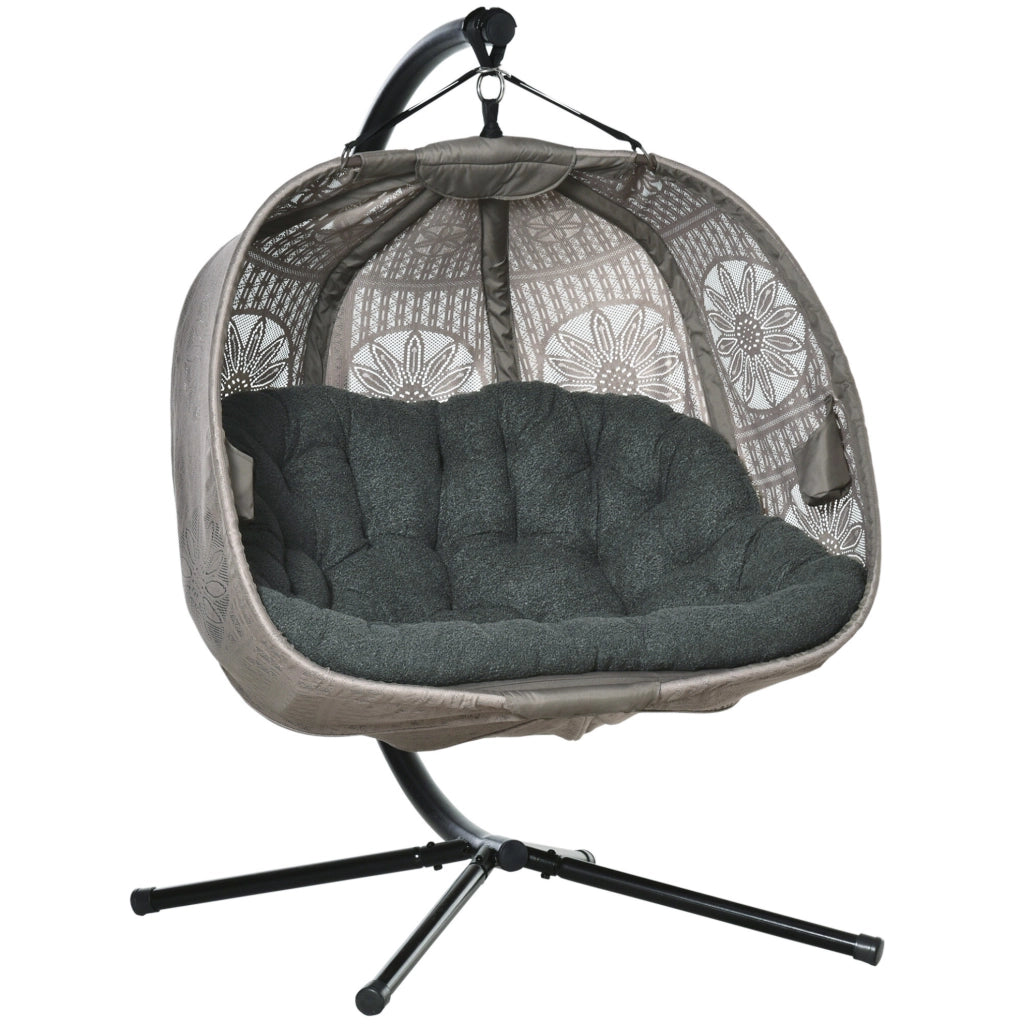 Poltrona sospesa per 2 persone con supporto pieghevole; 132x126x172 cm; acciaio e poliestere; sabbia