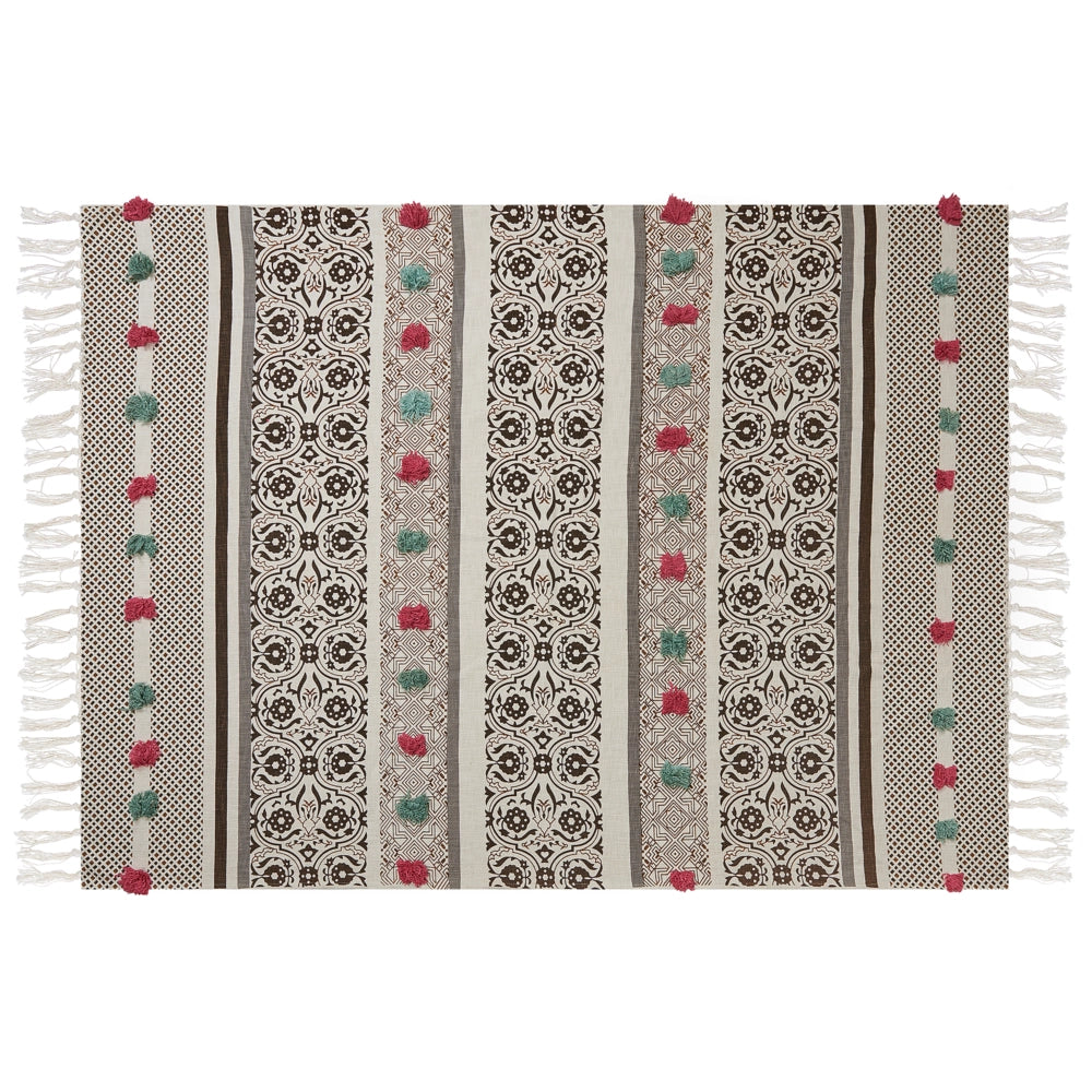 Coperta marrone beige cotone 130 x 180 cm motivo floreale lavorato a maglia pompon pompons soggiorno camera da letto accento pezzo