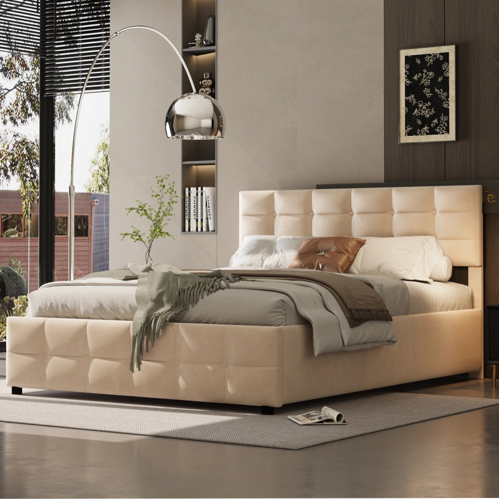 Letto imbottito 180 × 200 cm 2 posti con contenitore idraulico, senza materasso, in velluto beige
