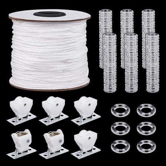Raccordi per tende 100 pezzi - Raccordi trasparenti a forma di arco - Corda per tende 50m - Chiave per corda 14mm - Filo in nylon 2mm - Materiale in acrilico