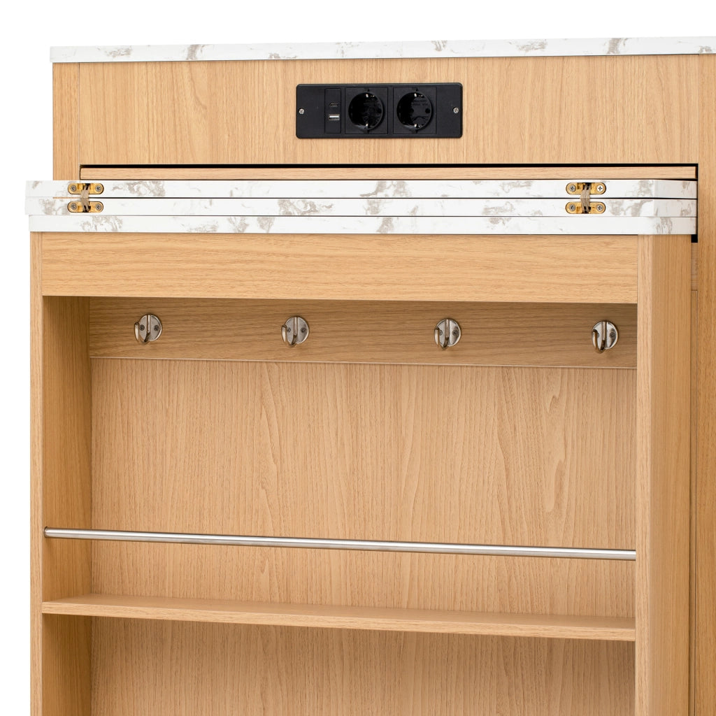 Tavolo allungabile multifunzionale con LED, ripiani e cassetti per cucina e zona pranzo, colore naturale 58 × 154 × 94 cm