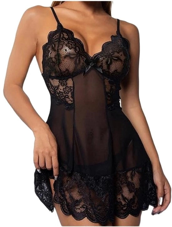 Set di lingerie sexy - Babydoll con G-string - Abbigliamento notturno per donne - Gonna con decorazioni a punte - Cintura regolabile con spalline - Nero/Bordeaux