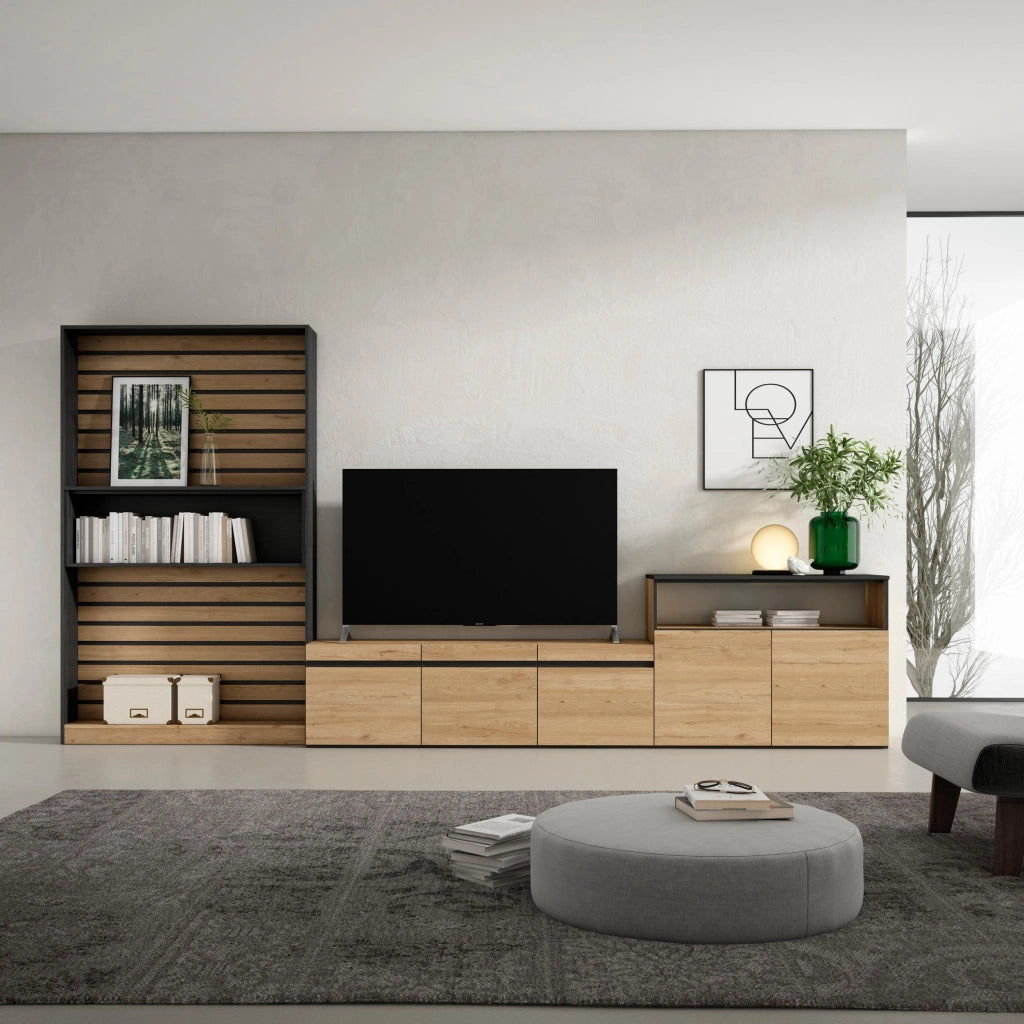 Mobile TV, Soggiorno, 360x35x186cm, Per TV fino a 65", Set di mobili, colore Rovere e nero RF3159