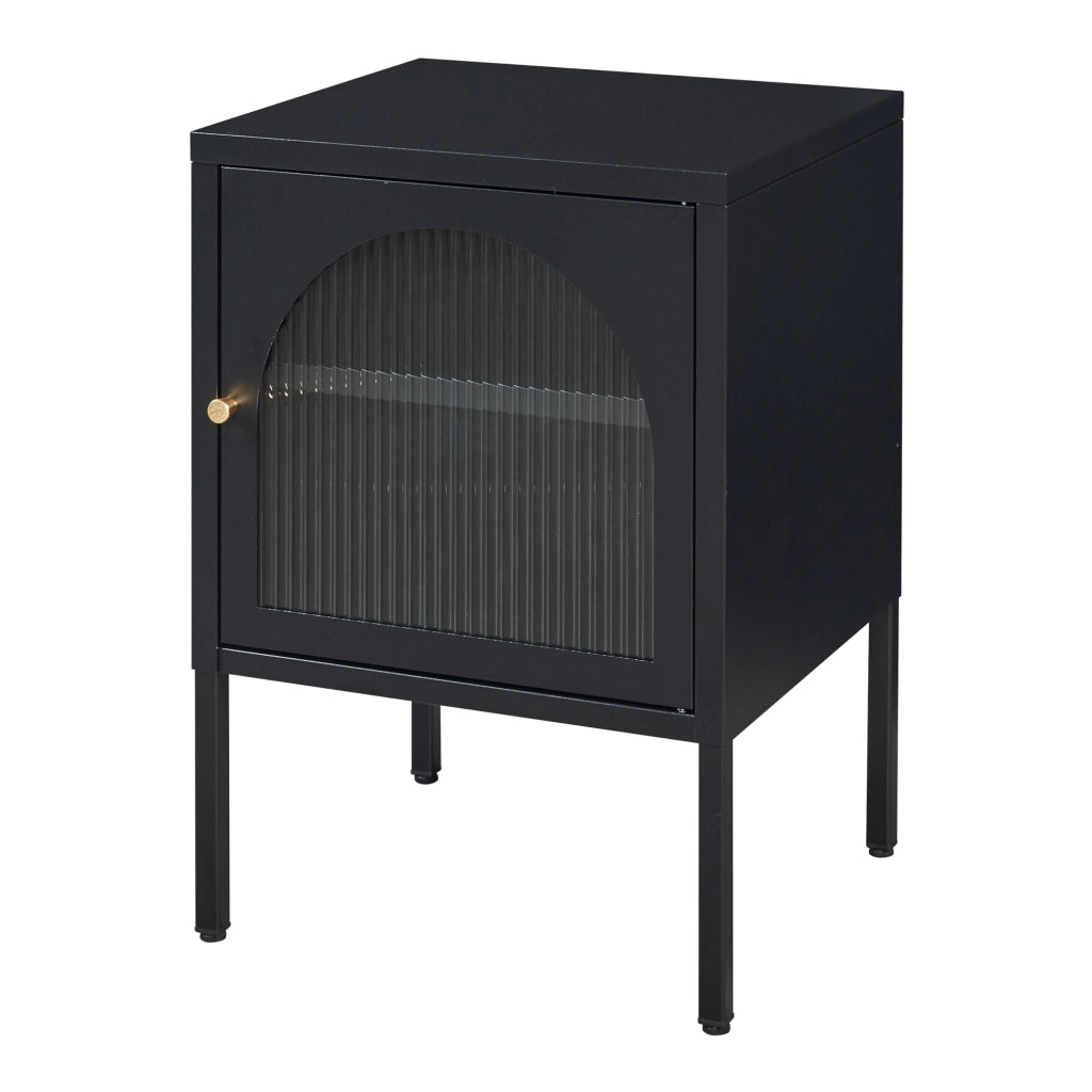 Comodino in Acciaio Karlskrona con Anta in Vetro Scanalato e Ripiano Regolabile 60 x 42,5 x 40 cm - Nero Opaco [en.casa]