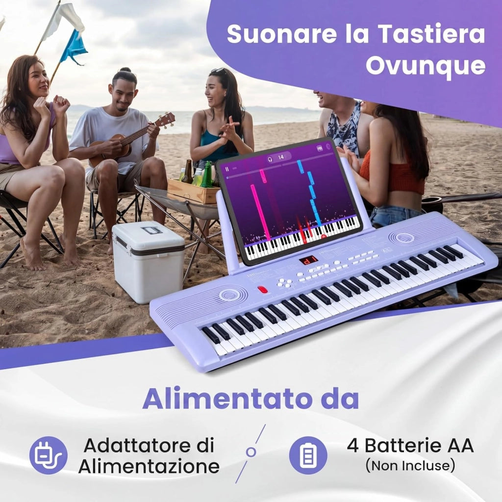 Pianoforte Digitale a 61 Tasti, Pianoforte Elettronica con Supporto, Microfono, Pianoforte Portatile con Adesivi per Tasti e Borsa da Trasporto, per Bambini e Adulti (Viola)
