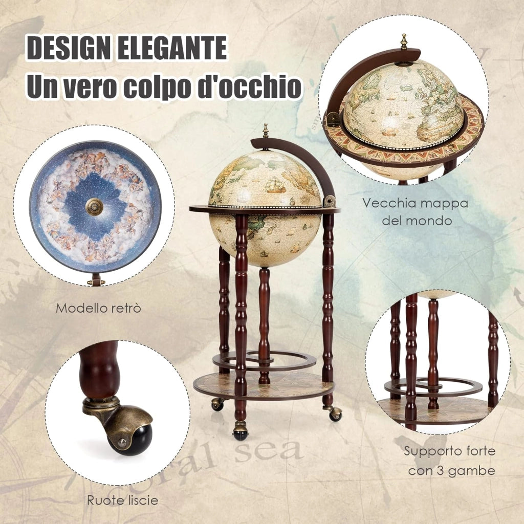 Mappamondo Bar con Ruote Mobili, Porta Liquori Stile Retrò (Beige 45 x 45 x 88cm)